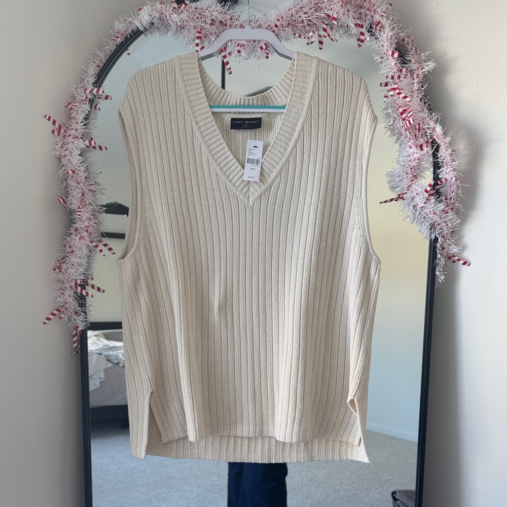 Lane Bryant Beige Ribbed Knit V-Neck Vest